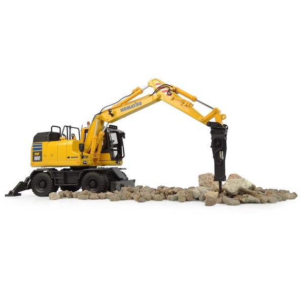 Universal Hobbies UH8163 Komatsu PW180-11 Wheeled Excavator with Bucket and Jackhammer - Scale 1:50