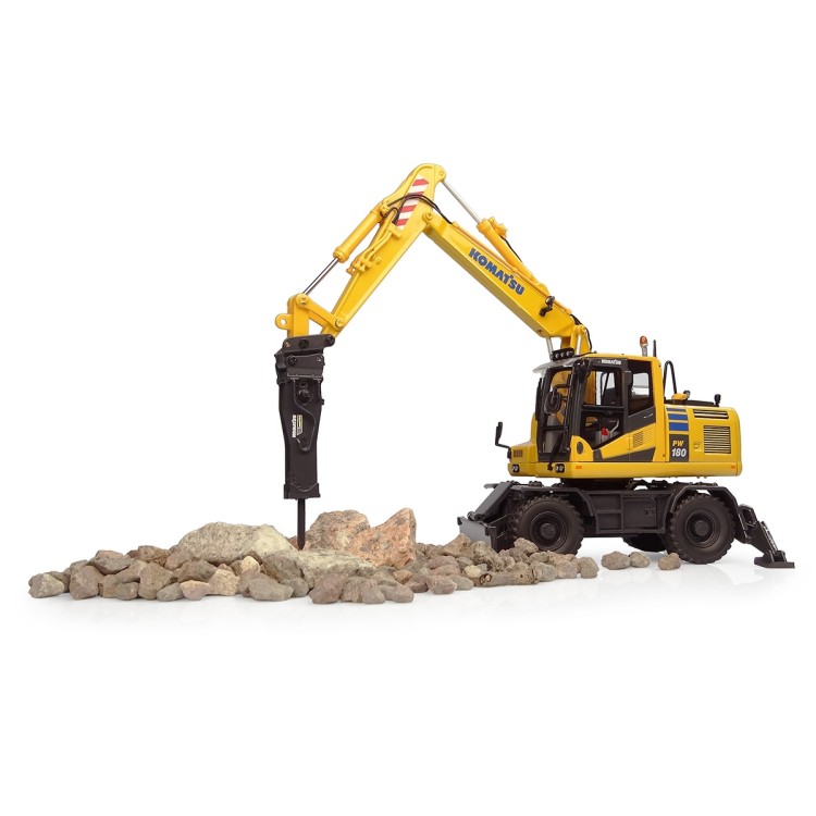Universal Hobbies UH8163 Komatsu PW180-11 Wheeled Excavator with Bucket and Jackhammer - Scale 1:50