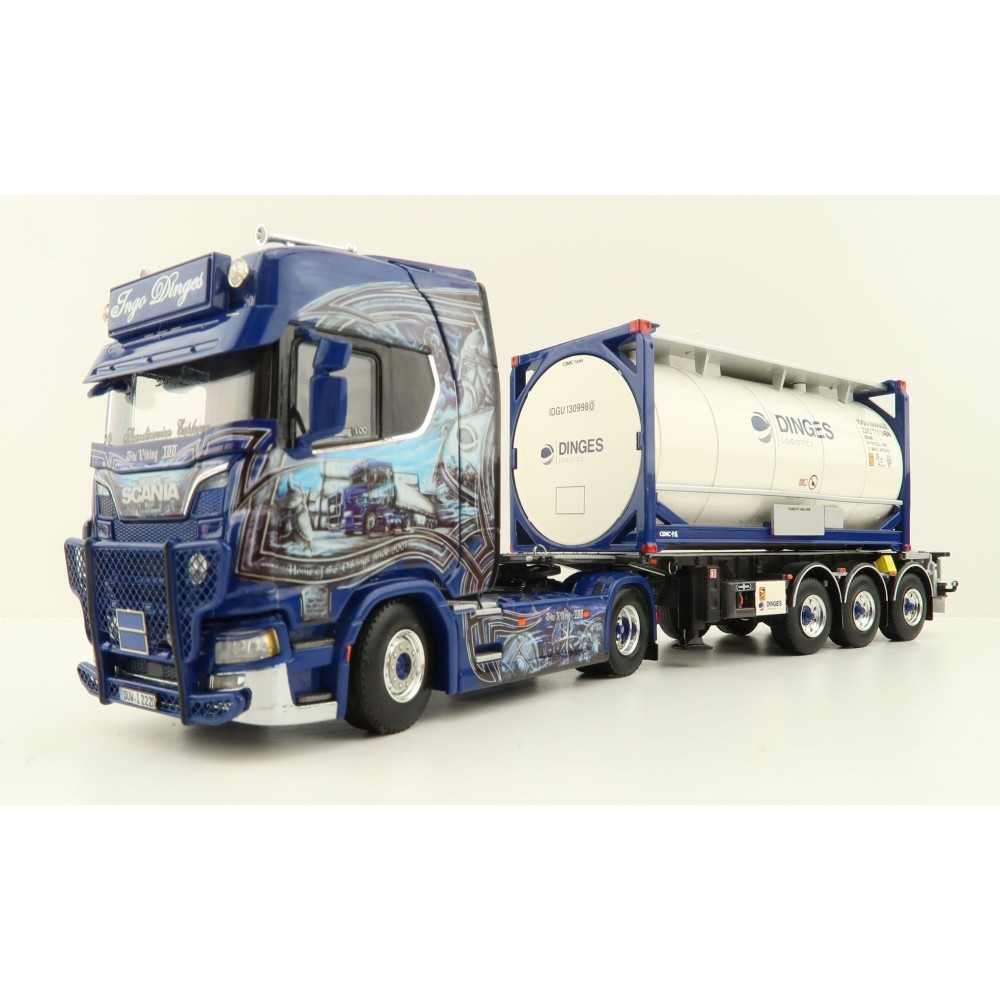WSI 01-4000 Scania S Highline CS20H 4x2 Truck with 3-Axle Container Trailer & 20 ft Tank Container - Ingo Dinges - Scale 1:50