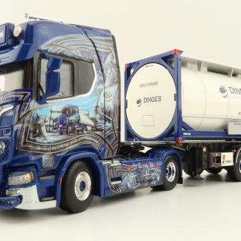 WSI 01-4000 Scania S Highline CS20H 4x2 Truck with 3-Axle Container Trailer & 20 ft Tank Container - Ingo Dinges - Scale 1:50