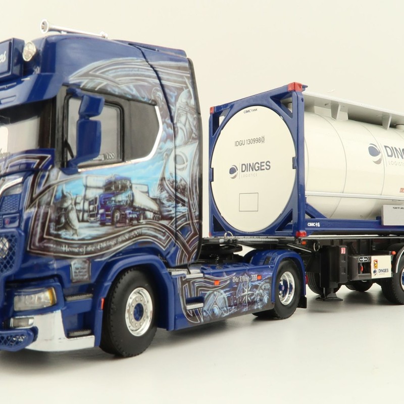 WSI 01-4000 Scania S Highline CS20H 4x2 Truck with 3-Axle Container Trailer & 20 ft Tank Container - Ingo Dinges - Scale 1:50