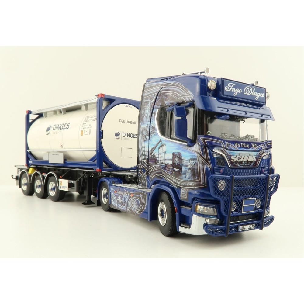 WSI 01-4000 Scania S Highline CS20H 4x2 Truck with 3-Axle Container Trailer & 20 ft Tank Container - Ingo Dinges - Scale 1:50