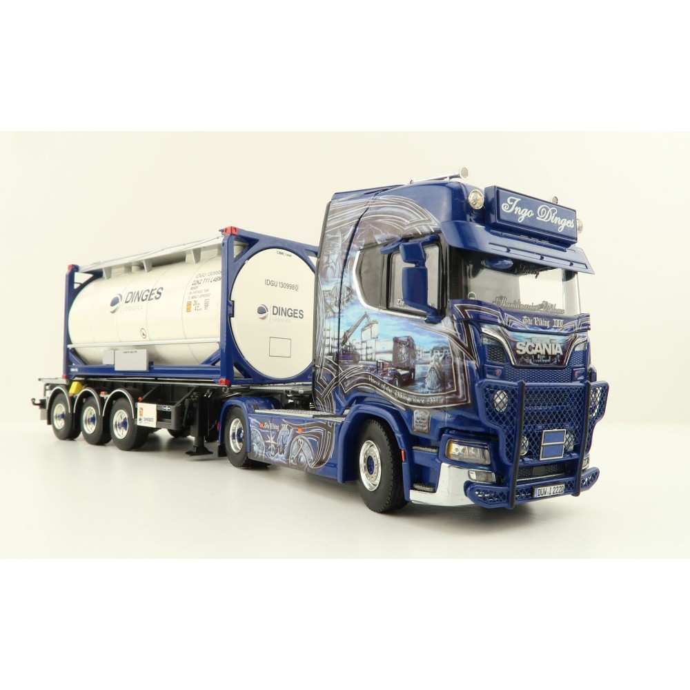 WSI 01-4000 Scania S Highline CS20H 4x2 Truck with 3-Axle Container Trailer & 20 ft Tank Container - Ingo Dinges - Scale 1:50