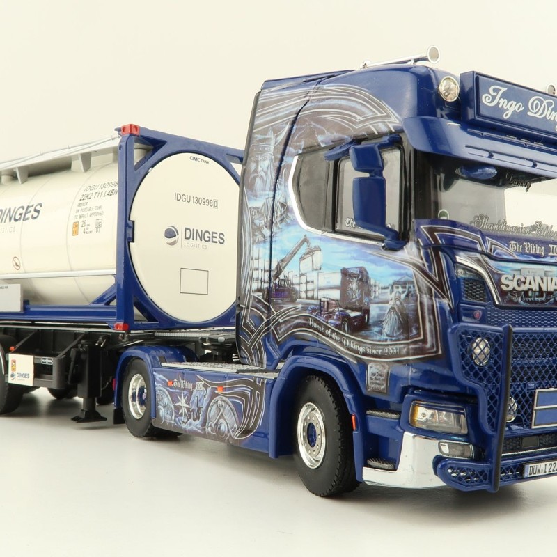 WSI 01-4000 Scania S Highline CS20H 4x2 Truck with 3-Axle Container Trailer & 20 ft Tank Container - Ingo Dinges - Scale 1:50