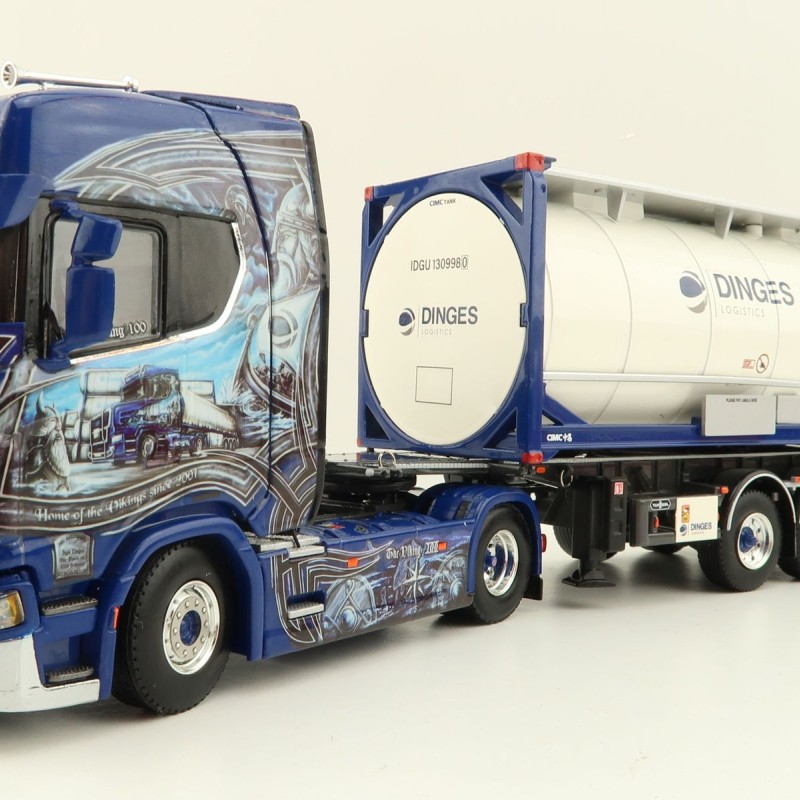 WSI 01-4000 Scania S Highline CS20H 4x2 Truck with 3-Axle Container Trailer & 20 ft Tank Container - Ingo Dinges - Scale 1:50