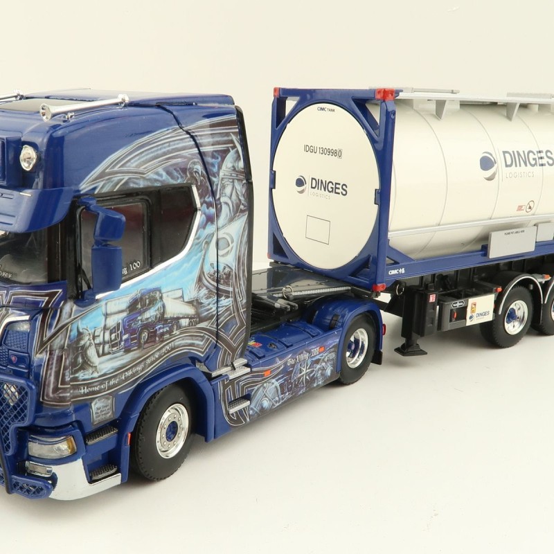 WSI 01-4000 Scania S Highline CS20H 4x2 Truck with 3-Axle Container Trailer & 20 ft Tank Container - Ingo Dinges - Scale 1:50