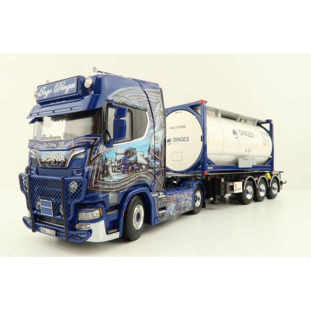 WSI 01-4000 Scania S Highline CS20H 4x2 Truck with 3-Axle Container Trailer & 20 ft Tank Container - Ingo Dinges - Scale 1:50