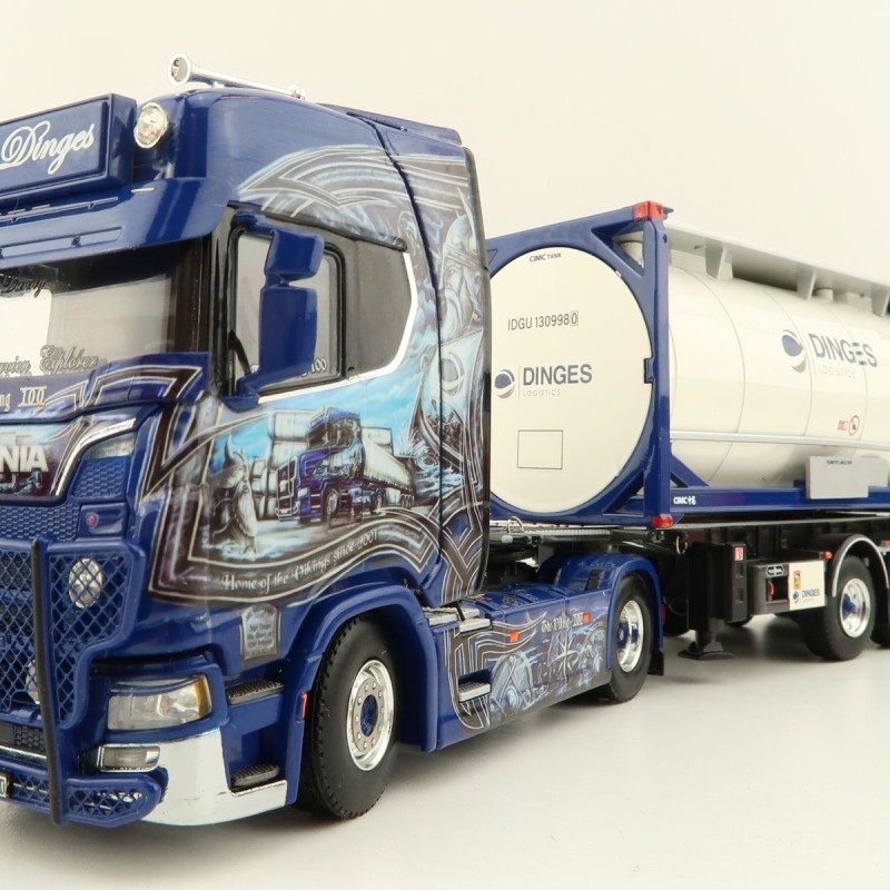 WSI 01-4000 Scania S Highline CS20H 4x2 Truck with 3-Axle Container Trailer & 20 ft Tank Container - Ingo Dinges - Scale 1:50