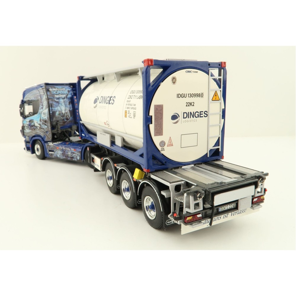 WSI 01-4000 Scania S Highline CS20H 4x2 Truck with 3-Axle Container Trailer & 20 ft Tank Container - Ingo Dinges - Scale 1:50