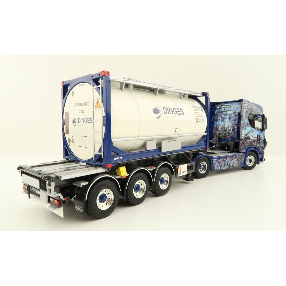 WSI 01-4000 Scania S Highline CS20H 4x2 Truck with 3-Axle Container Trailer & 20 ft Tank Container - Ingo Dinges - Scale 1:50