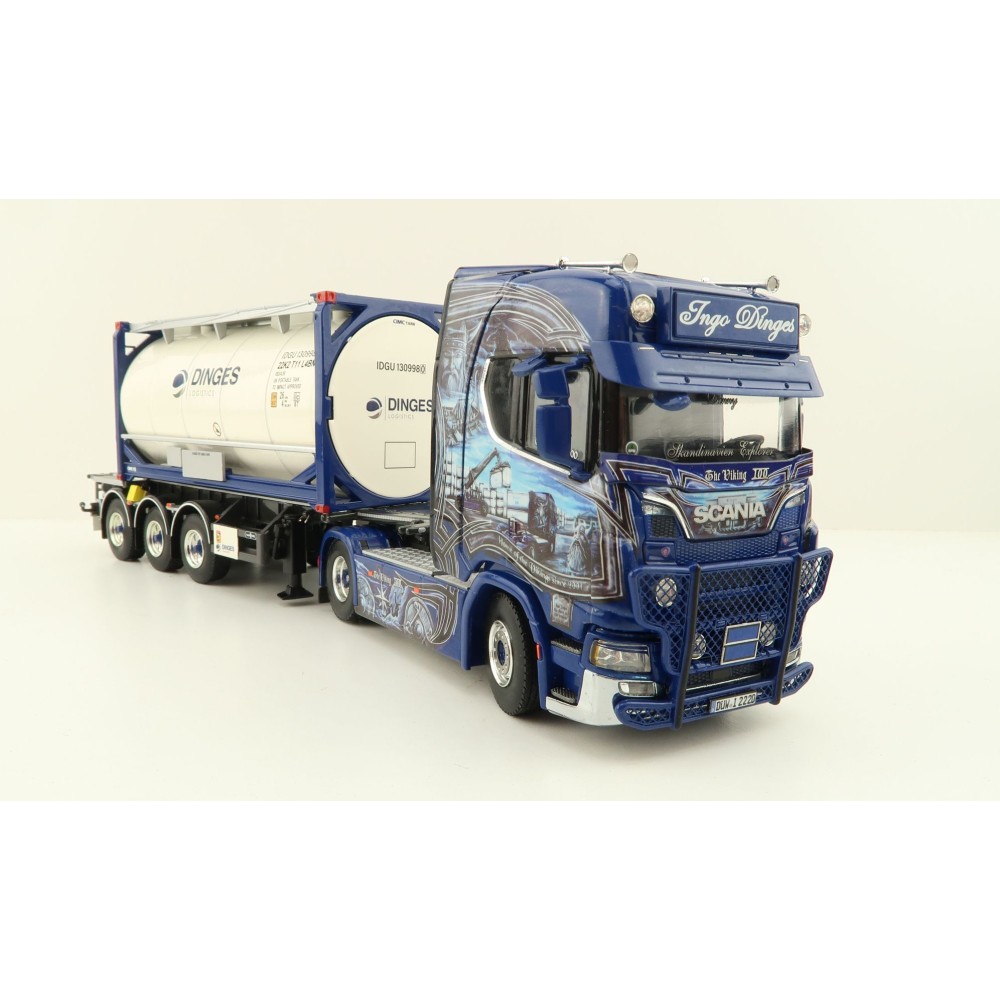 WSI 01-4000 Scania S Highline CS20H 4x2 Truck with 3-Axle Container Trailer & 20 ft Tank Container - Ingo Dinges - Scale 1:50