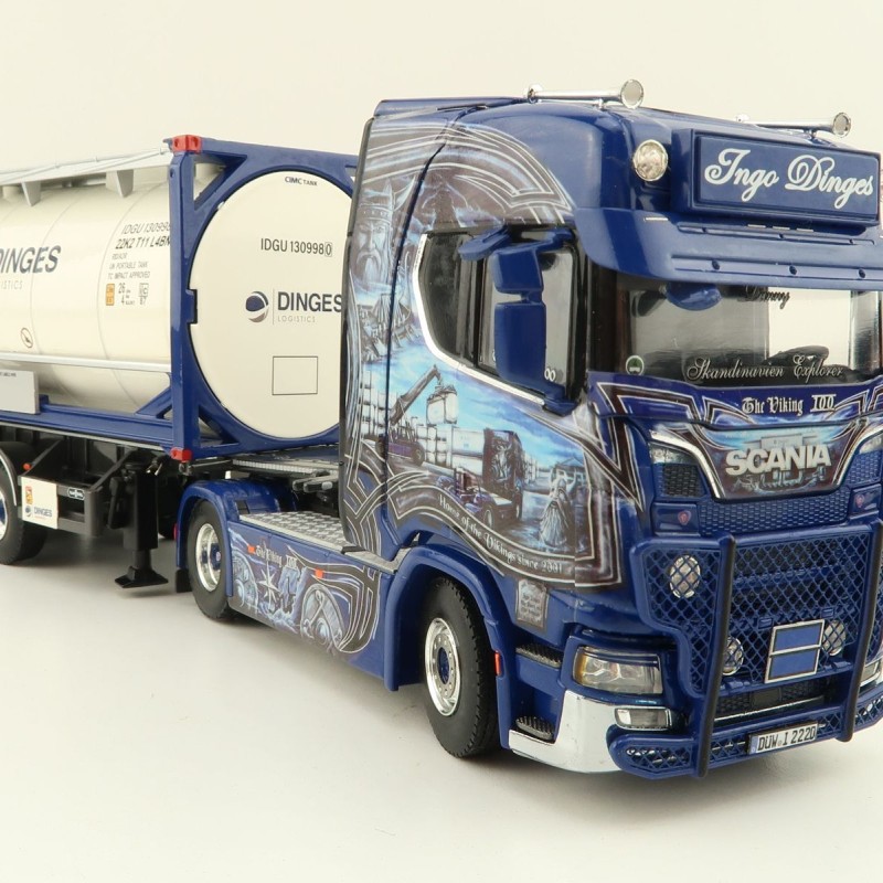 WSI 01-4000 Scania S Highline CS20H 4x2 Truck with 3-Axle Container Trailer & 20 ft Tank Container - Ingo Dinges - Scale 1:50