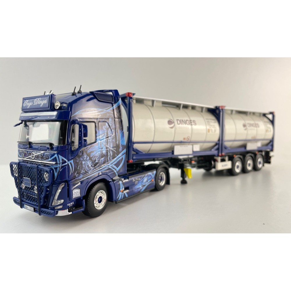 WSI 01-4424 - Ingo Dinges Volvo FH5 Globetrotter XL 4x2 Flex Container Trailer 3 Axle and 2 x 20 ft Tank Container - Scale 1:50
