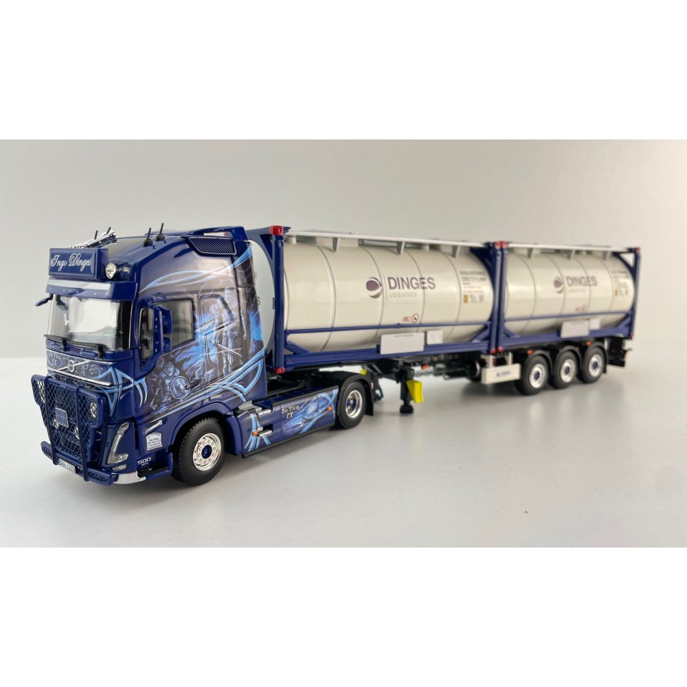 WSI 01-4424 - Ingo Dinges Volvo FH5 Globetrotter XL 4x2 Flex Container Trailer 3 Axle and 2 x 20 ft Tank Container - Scale 1:50