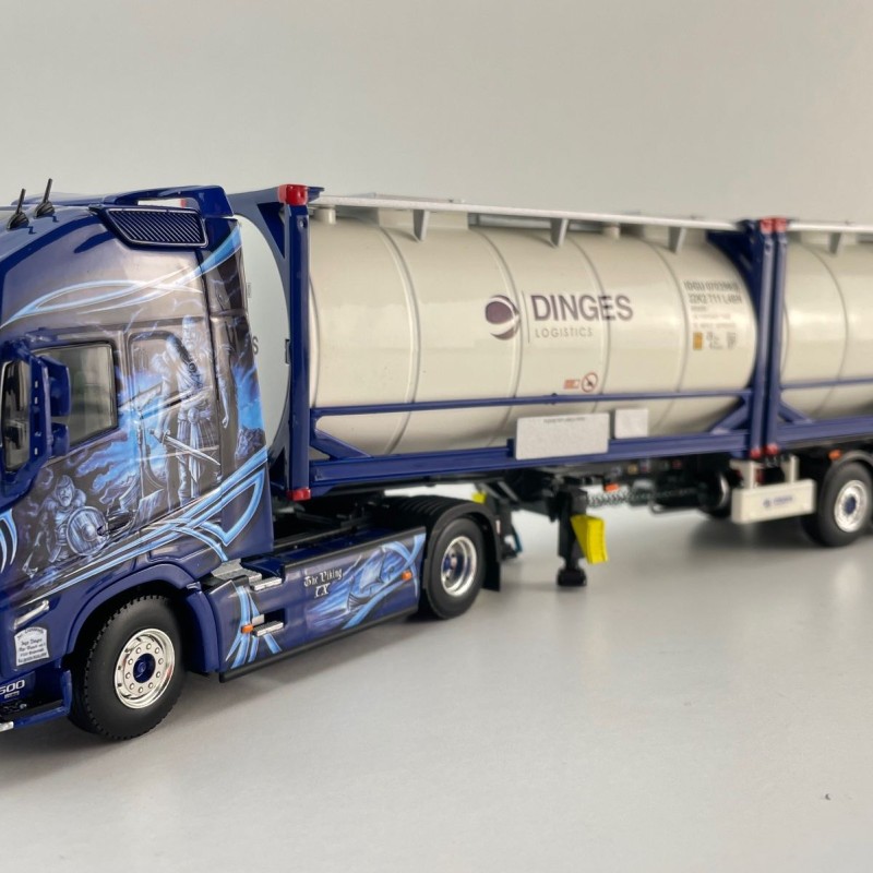 WSI 01-4424 - Ingo Dinges Volvo FH5 Globetrotter XL 4x2 Flex Container Trailer 3 Axle and 2 x 20 ft Tank Container - Scale 1:50