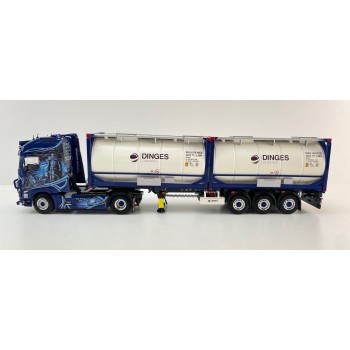 WSI 01-4424 - Ingo Dinges Volvo FH5 Globetrotter XL 4x2 Flex Container Trailer 3 Axle and 2 x 20 ft Tank Container - Scale 1:50
