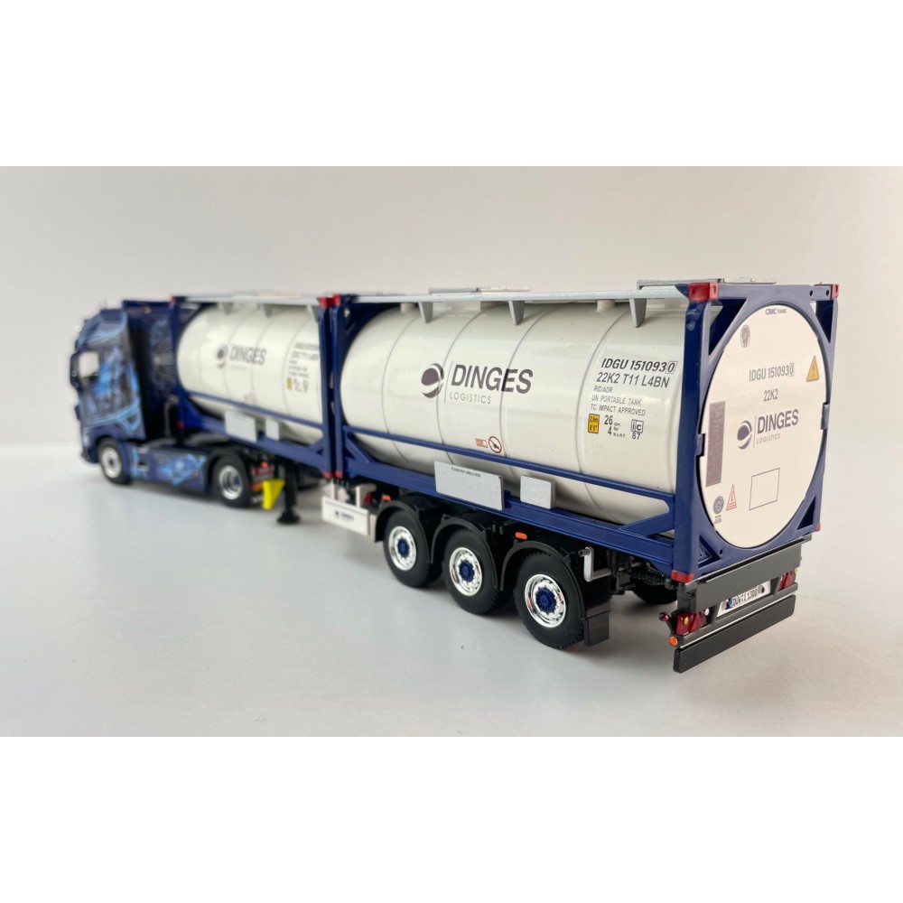 WSI 01-4424 - Ingo Dinges Volvo FH5 Globetrotter XL 4x2 Flex Container Trailer 3 Axle and 2 x 20 ft Tank Container - Scale 1:50