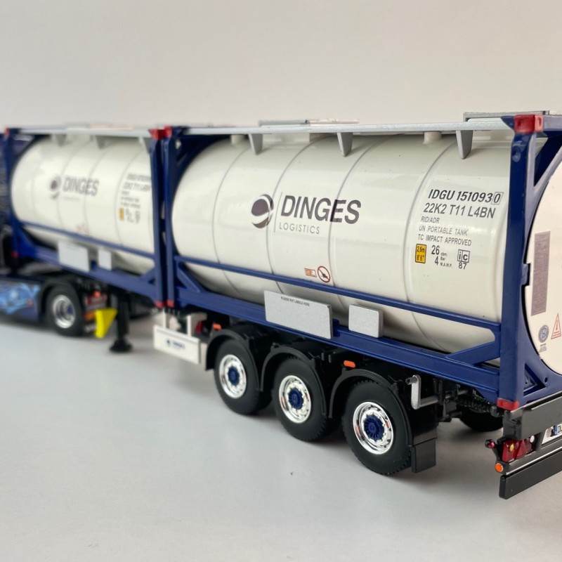 WSI 01-4424 - Ingo Dinges Volvo FH5 Globetrotter XL 4x2 Flex Container Trailer 3 Axle and 2 x 20 ft Tank Container - Scale 1:50