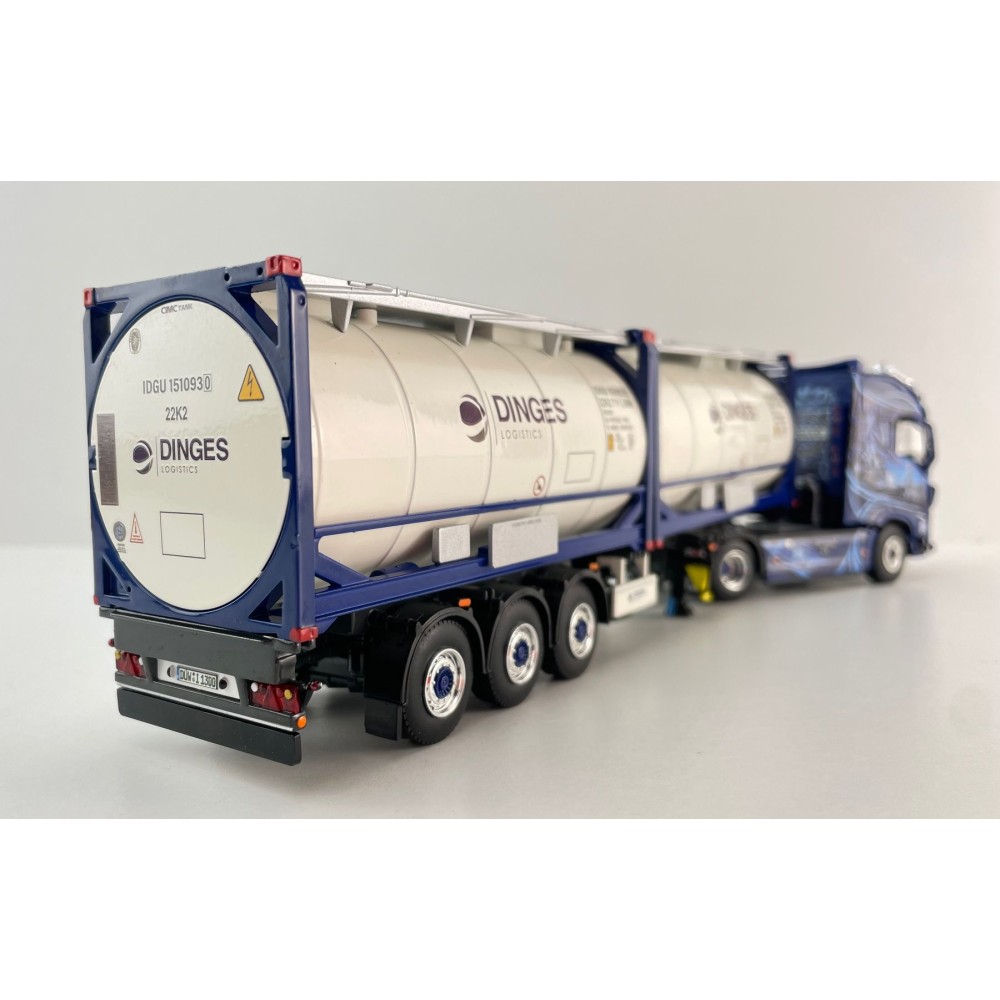 WSI 01-4424 - Ingo Dinges Volvo FH5 Globetrotter XL 4x2 Flex Container Trailer 3 Axle and 2 x 20 ft Tank Container - Scale 1:50