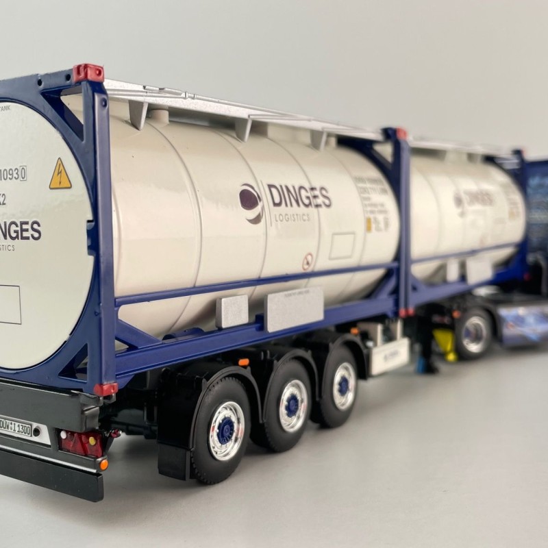 WSI 01-4424 - Ingo Dinges Volvo FH5 Globetrotter XL 4x2 Flex Container Trailer 3 Axle and 2 x 20 ft Tank Container - Scale 1:50