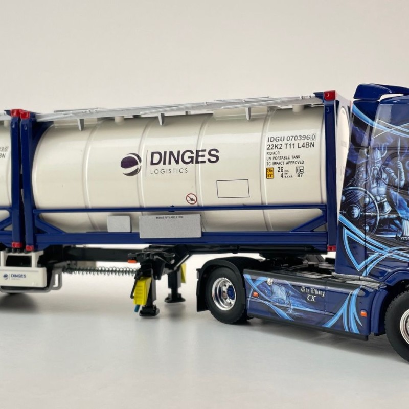 WSI 01-4424 - Ingo Dinges Volvo FH5 Globetrotter XL 4x2 Flex Container Trailer 3 Axle and 2 x 20 ft Tank Container - Scale 1:50
