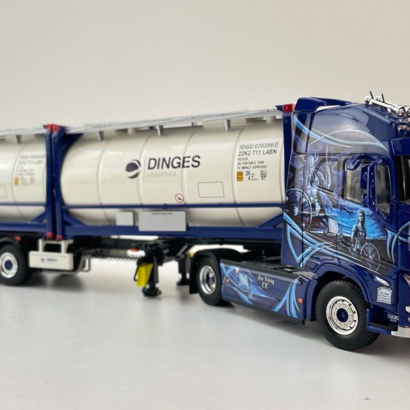 WSI 01-4424 - Ingo Dinges Volvo FH5 Globetrotter XL 4x2 Flex Container Trailer 3 Axle and 2 x 20 ft Tank Container - Scale 1:50