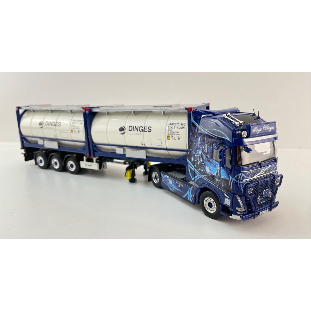 WSI 01-4424 - Ingo Dinges Volvo FH5 Globetrotter XL 4x2 Flex Container Trailer 3 Axle and 2 x 20 ft Tank Container - Scale 1:50